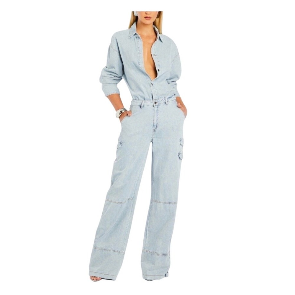 Retrofete Ruso Denim Jumpsuit Long Sleeve Wide Leg Light Wash XS
